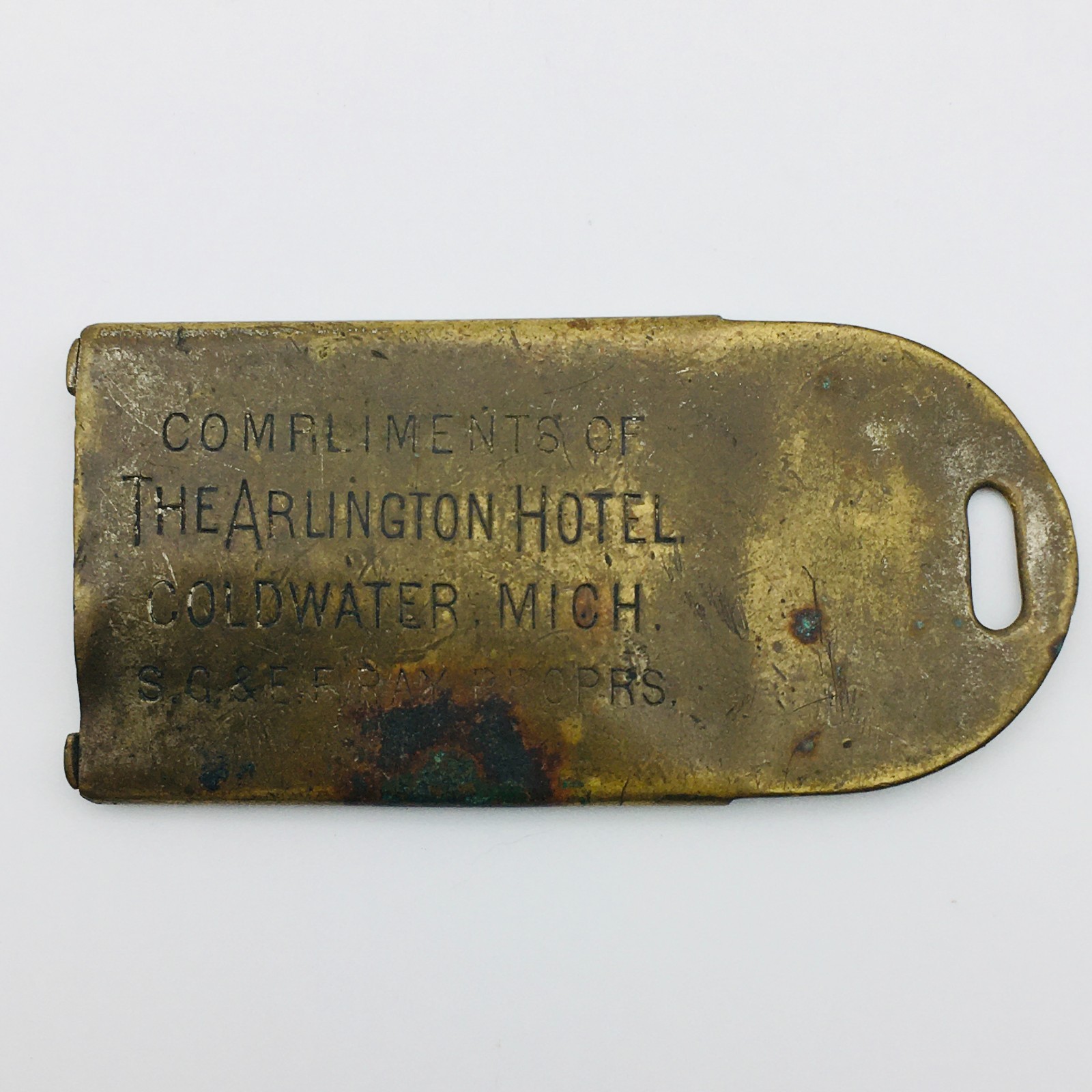 Coldwater Michigan Arlington Hotel Antique Brass Baggage Tag 1905 With Postcard