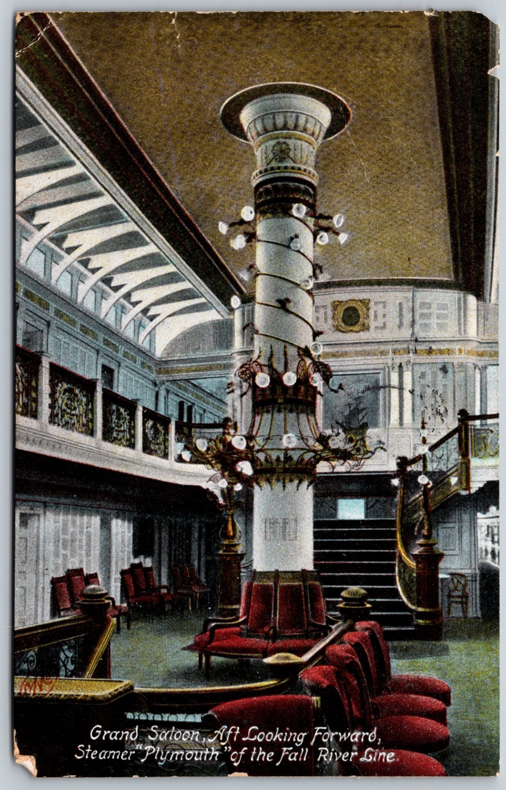 1907 Grand Saloon Steamer Plymouth Fall River Line ANTIQUE Postcard 10734