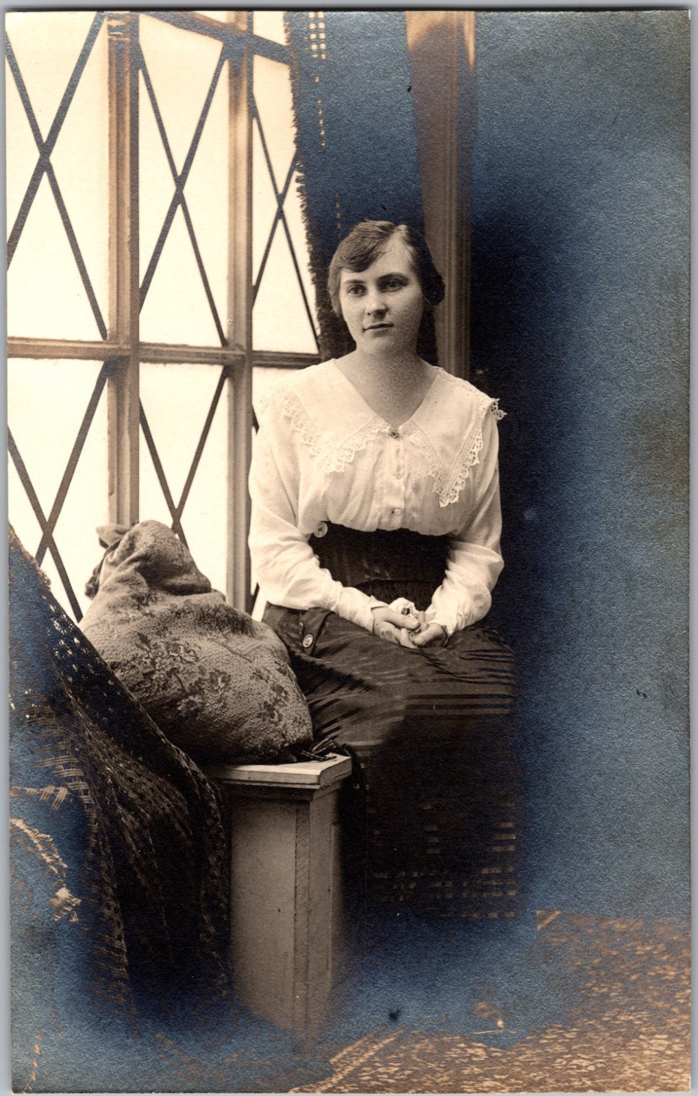 RPPC c1910s Edwardian Woman Portrait AZO Real Photo Lace Dress Flowers Postcard
