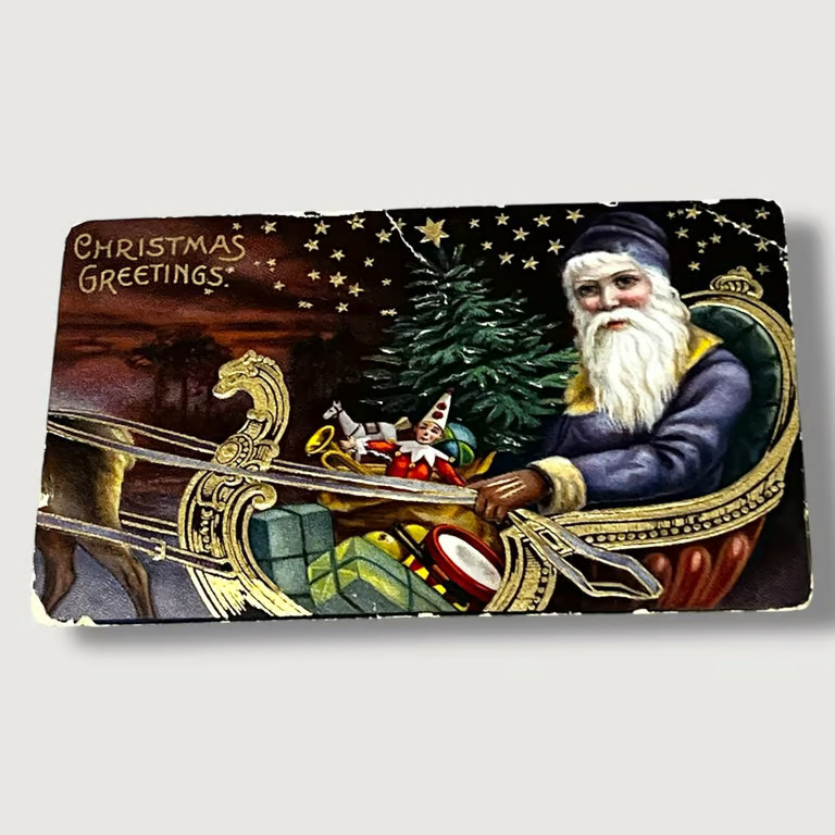 Postcard Christmas Greetings Santa Claus Purple Robe in Sleigh Embossed F470 Postcard Christmas Greetings Santa Claus Purple Robe in Sleigh Embossed F470