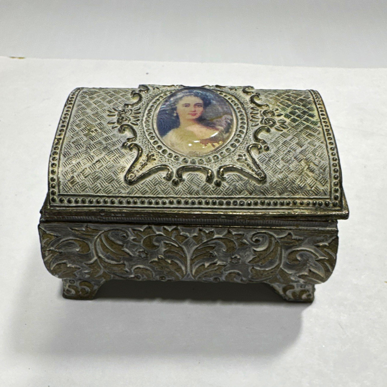 Vintage Ornate Metal Trinket Box Portrait Cameo Lid Red Velvet Lining Japan