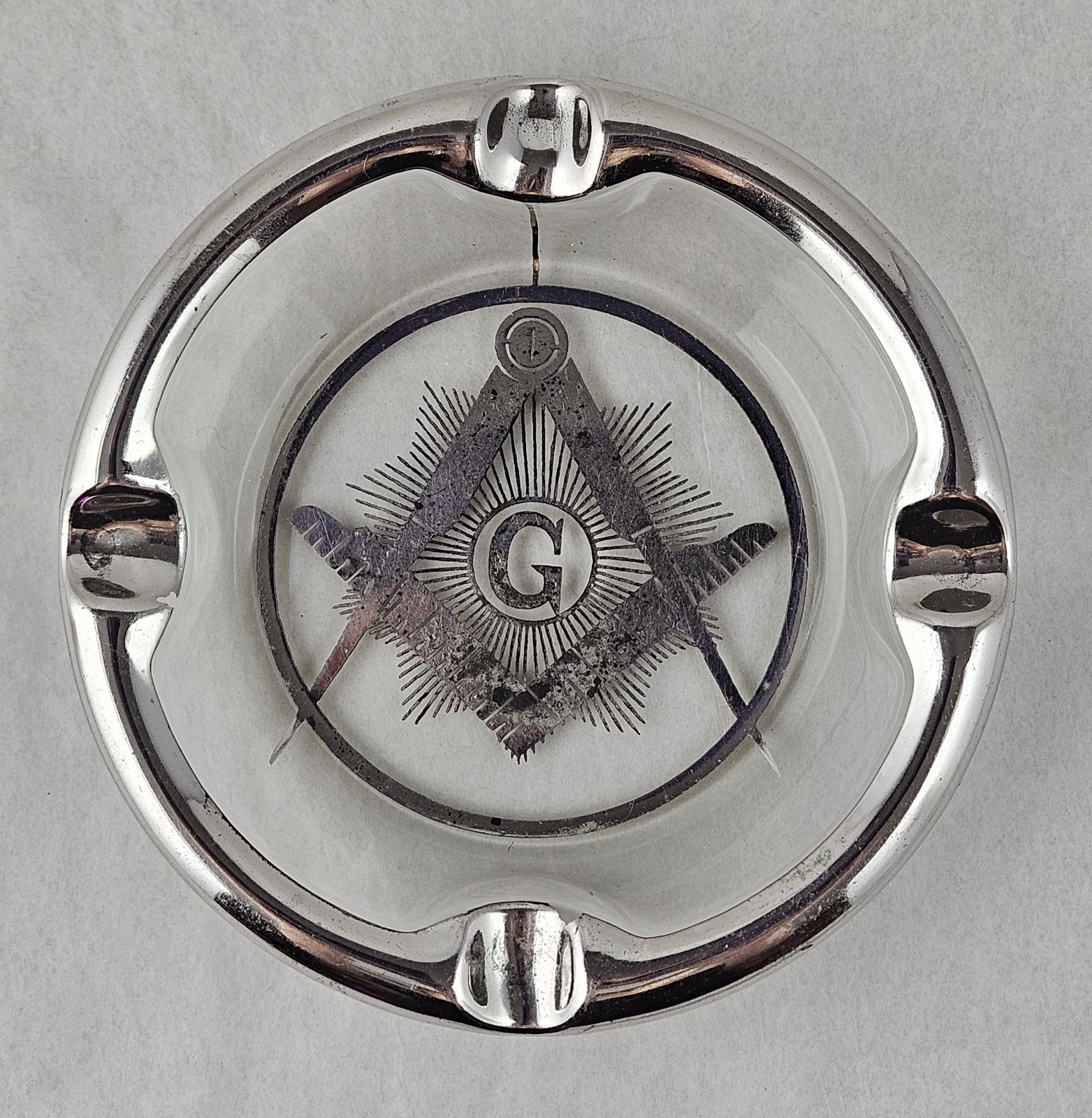 VTG Masonic Chrome Trim Glass Ashtray Compass G Emblem Freemason Tobacciana