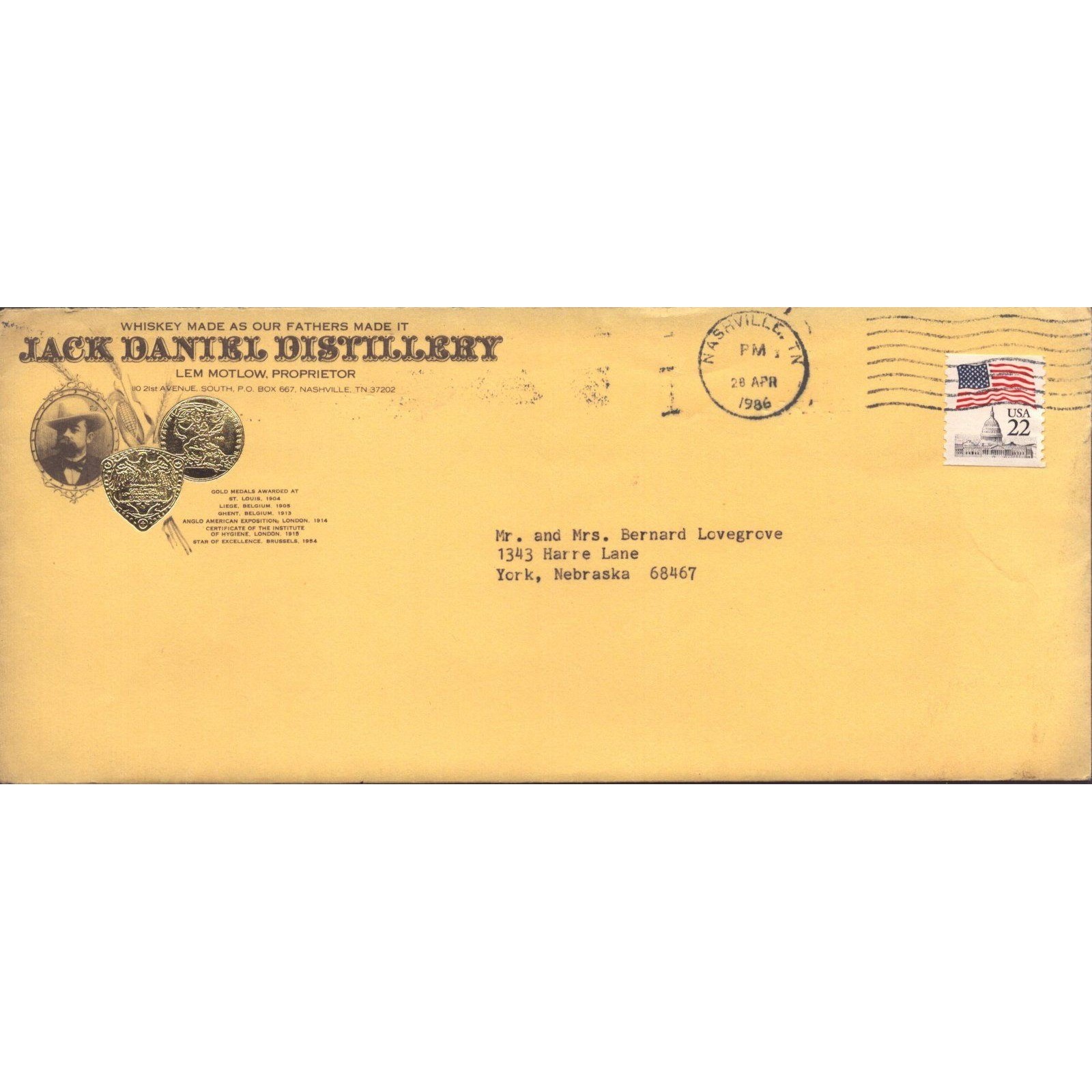 Vintage 1986 Jack Daniel Distillery Signed Letter Envelope & Photo Lynchburg TN