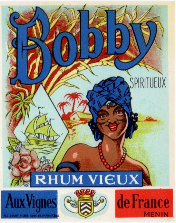 Original 1920s BOBBY French rum SPIRITUEUX RHUM VIEUX Aux Vignes bottle label