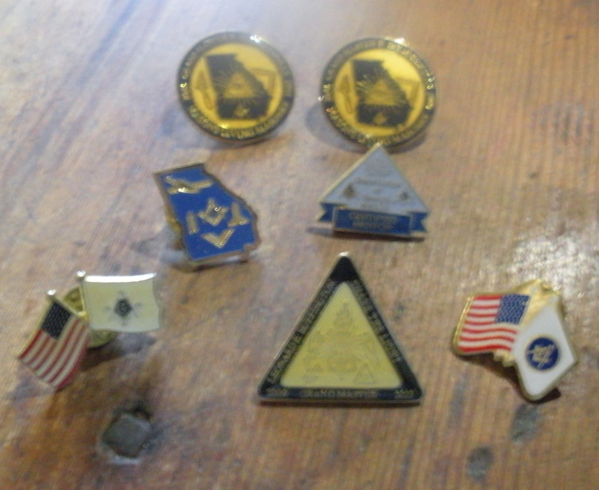 Lot of 7 Masonic Pins-2 GA 2011,2009/10,Grand Mentor, 2 US Flag/Masonic Flags