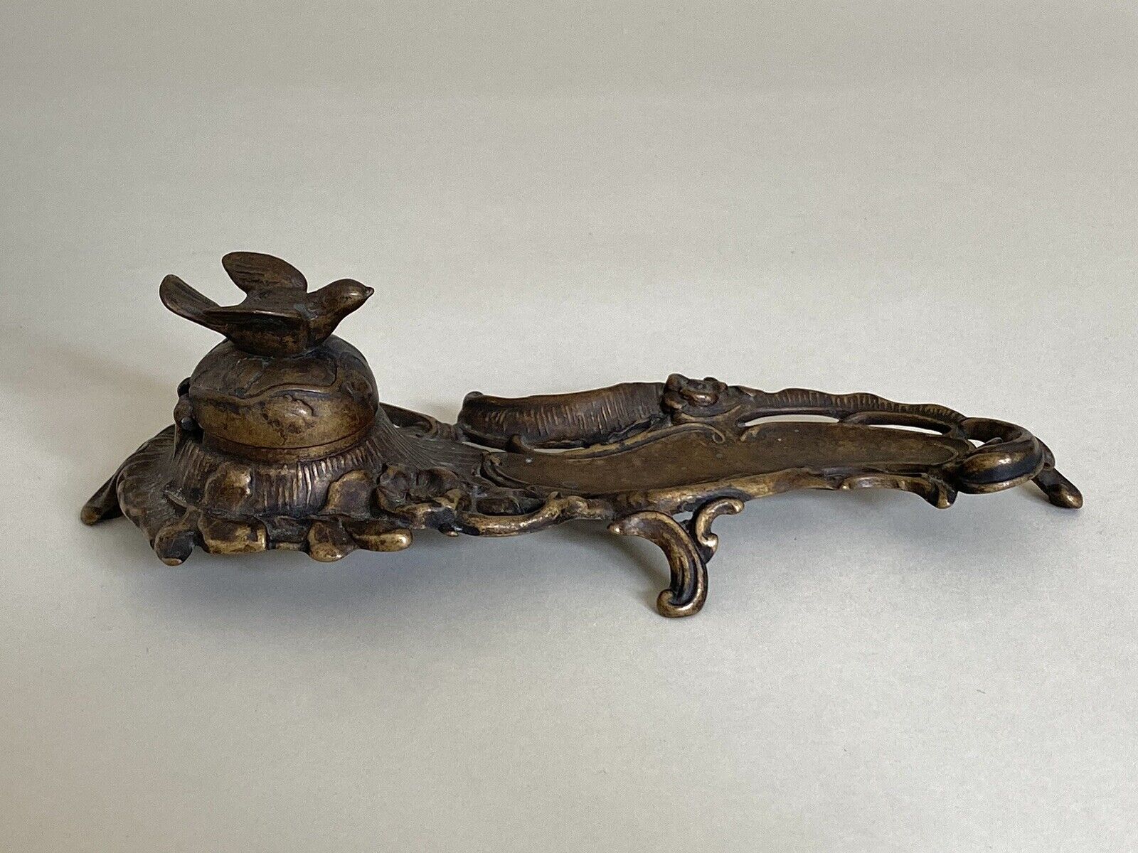 Brass Antique Italian Art Nouveau Bird Ink Pen Display w/ Porcelain Ink Well