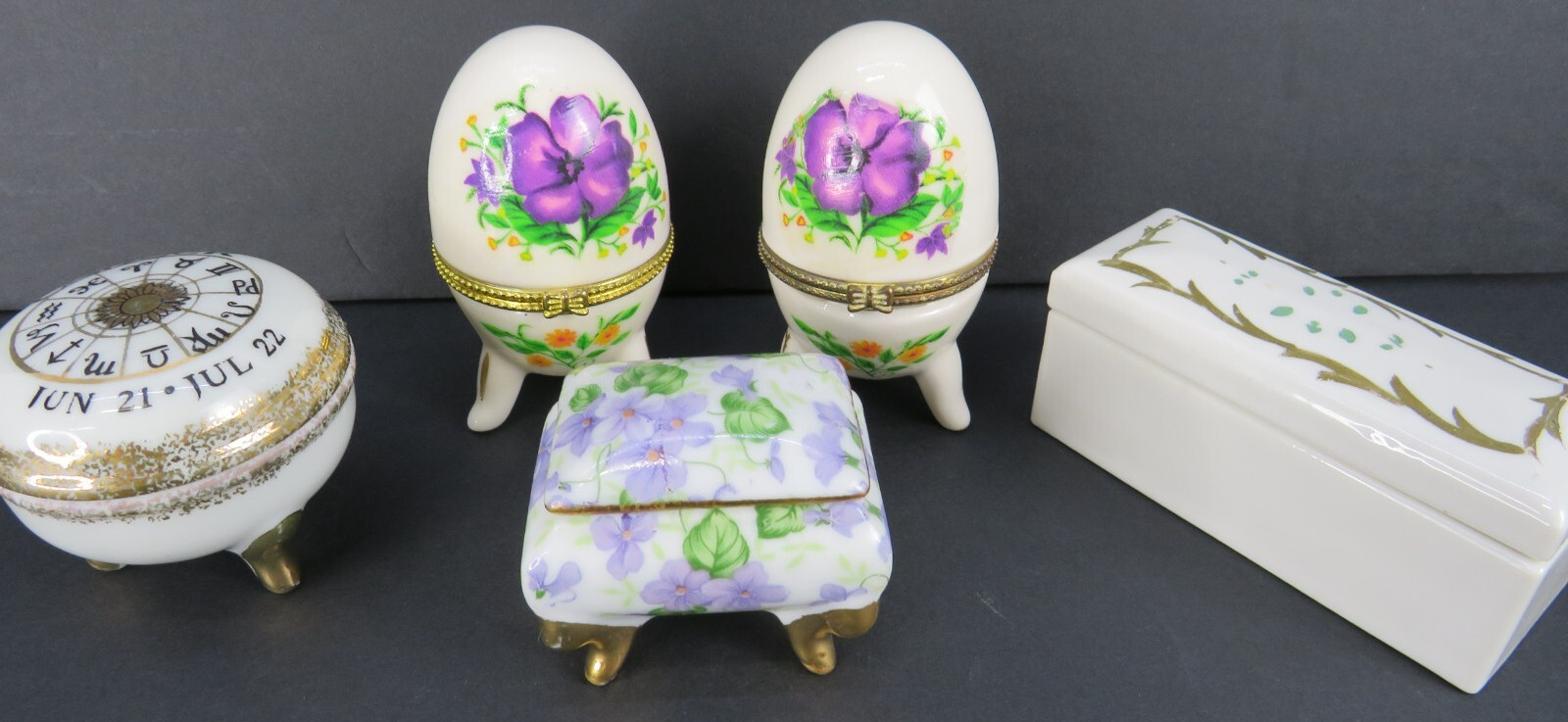 Lot of 5 Vintage porcelain Egg Round Square Floral Purple Footed cancer trinket