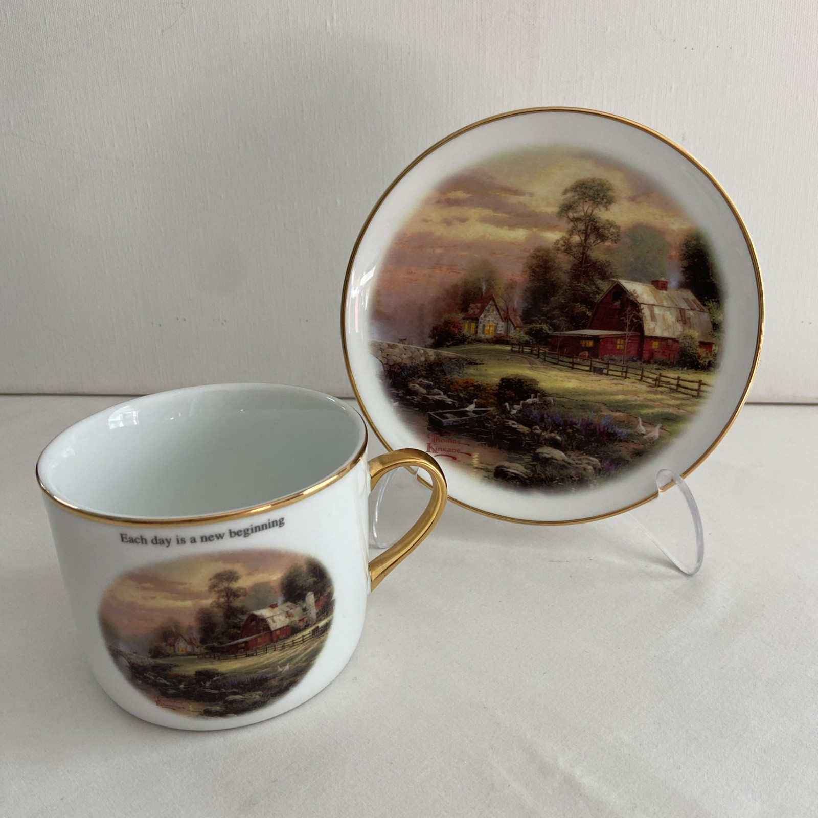 Vtg Thomas Kincade Cup Saucer Set Inspiration A New Beginning Sunset @ Riverbend
