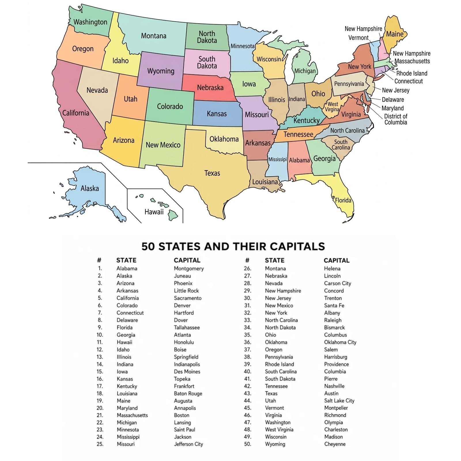 USA Map With Capitals List 4x6 Postcard Photo Print 50 United States of America