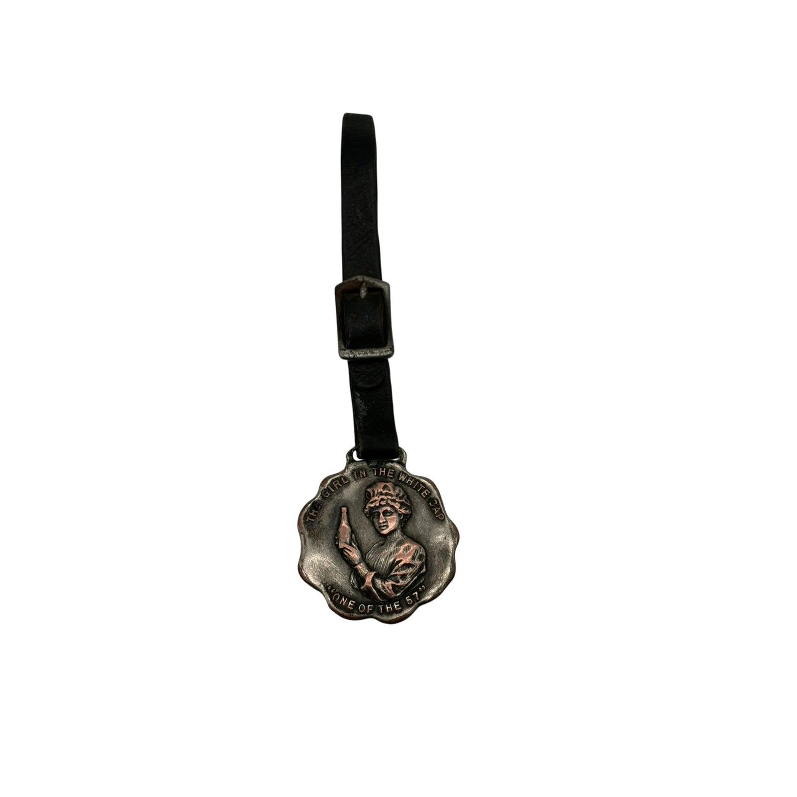 Antique Heinz 57 Girl in White Cap Advertising Watch Fob Leather Strap 1910s Antique Heinz 57 Girl in White Cap Advertising Watch Fob Leather Strap 1910s