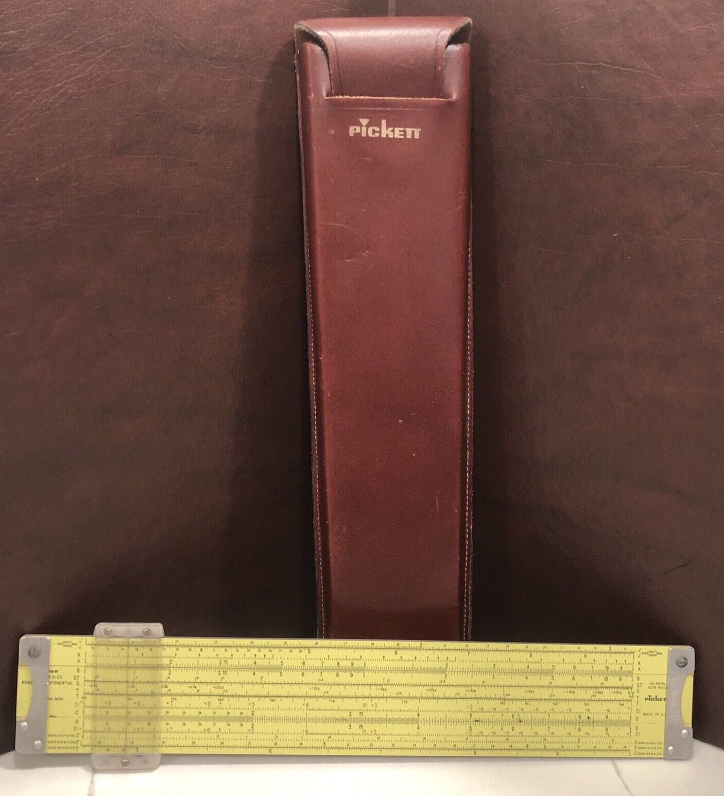 Vintage Pickett N 3-ES Metal Slide Rule w/ Leather Case