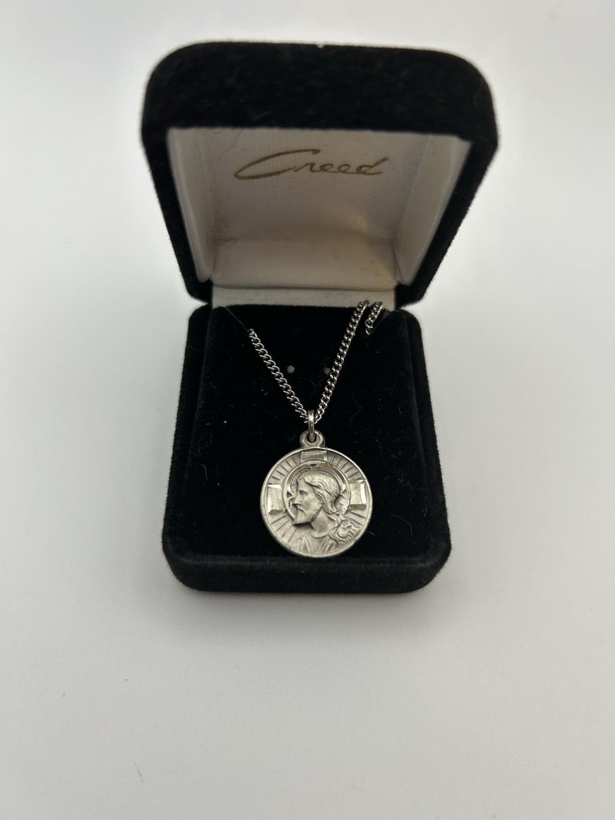 Vintage Creed Sterling Silver Jesus Christ Greek Orthodox Medal Necklace Box