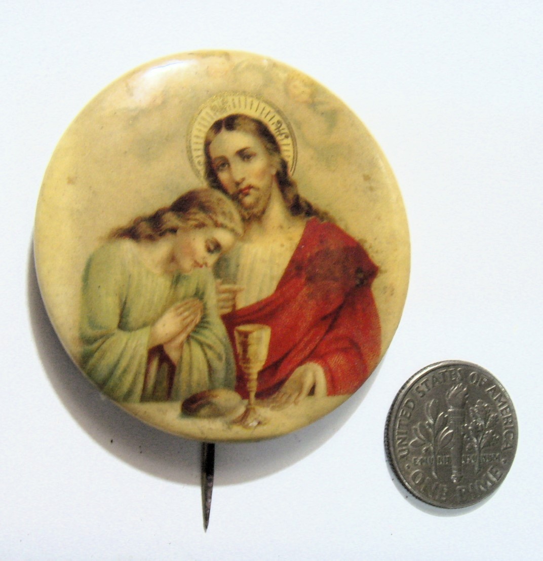 1890s antique 44 mm catholic Holy communion Jesus pinback button 54399 1890s antique 44 mm catholic Holy communion Jesus pinback button 54399