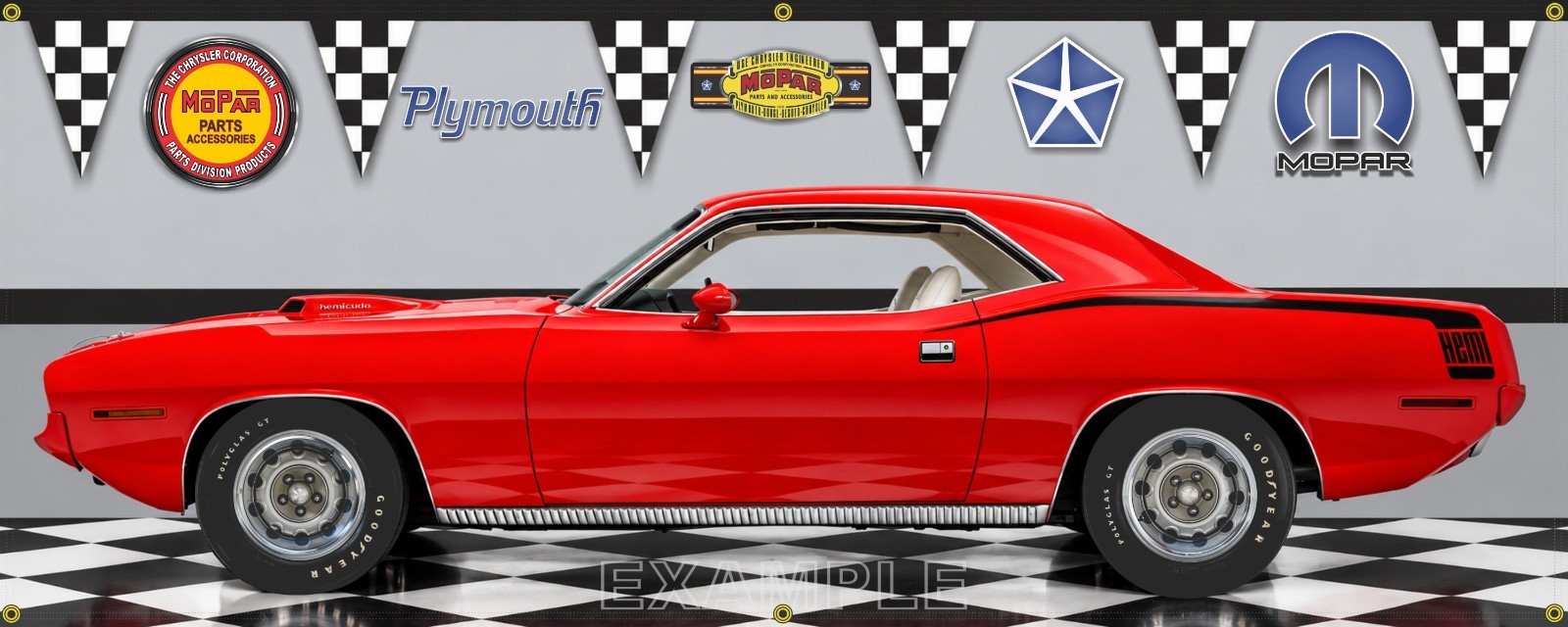 1970 PLYMOUTH HEMI CUDA RALLYE RED CAR GARAGE SCENE BANNER SIGN ART MURAL