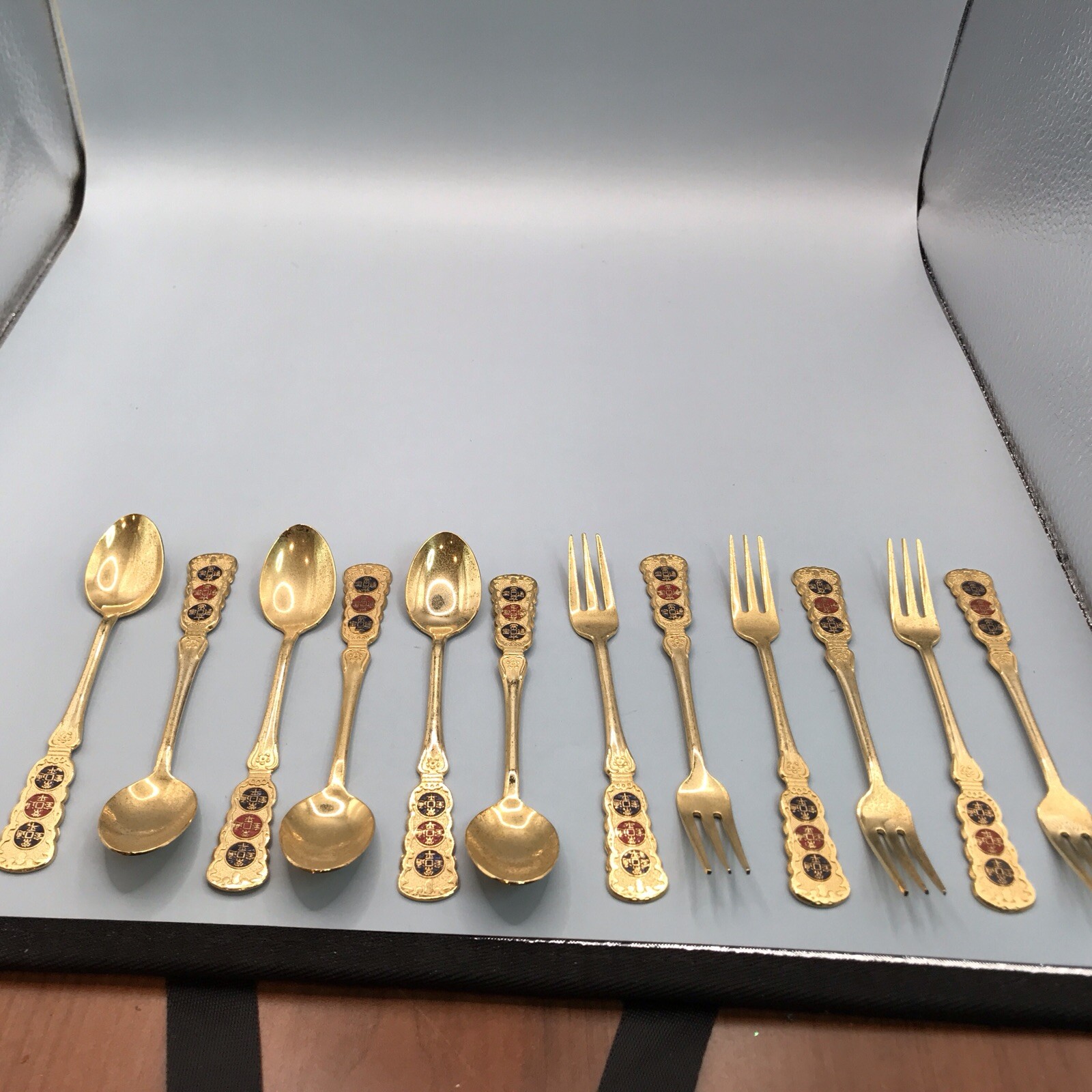 Six Hanbit 24K Gold Plated Demitasse Spoons And Six Matching Forks Six Hanbit 24K Gold Plated Demitasse Spoons And Six Matching Forks