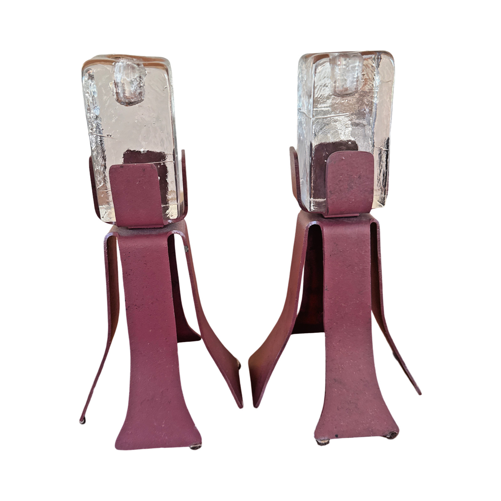 Heavy VTG Scandinavian Brutalist–Postmodern Iron & Ice Glass Candle Holders Pair