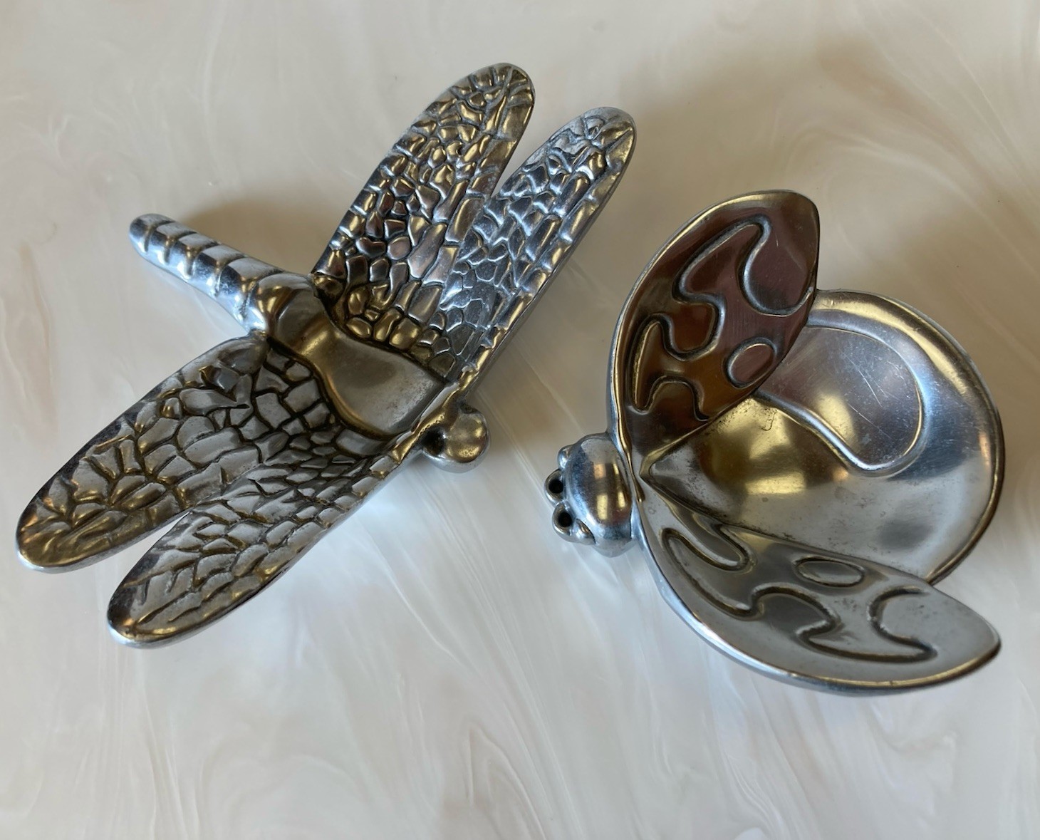 Vintage 2 PEWTER Aluminum Trays DRAGONFLY & LADY BUG small TRINKET/CANDLE Dishes