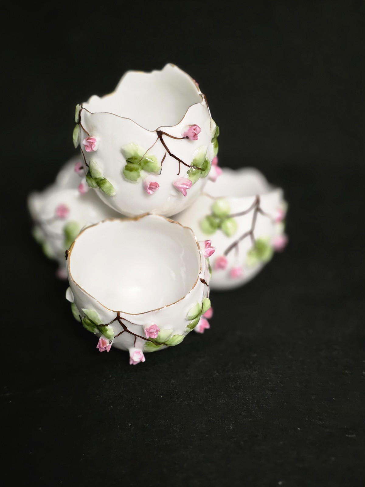 Vtg Hand Painted Porcelain 3D Encrusted Floral Triple Eggshell Server Cup/ Bowl 