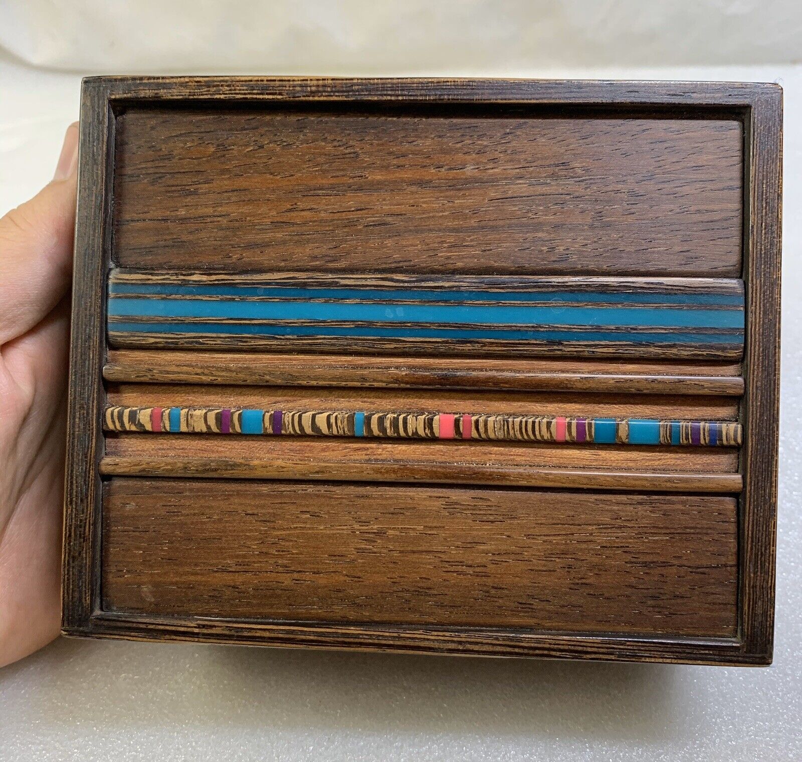 Rare Navajo Native American Wooden Multi-Color Inlayed Inlay Box Signed