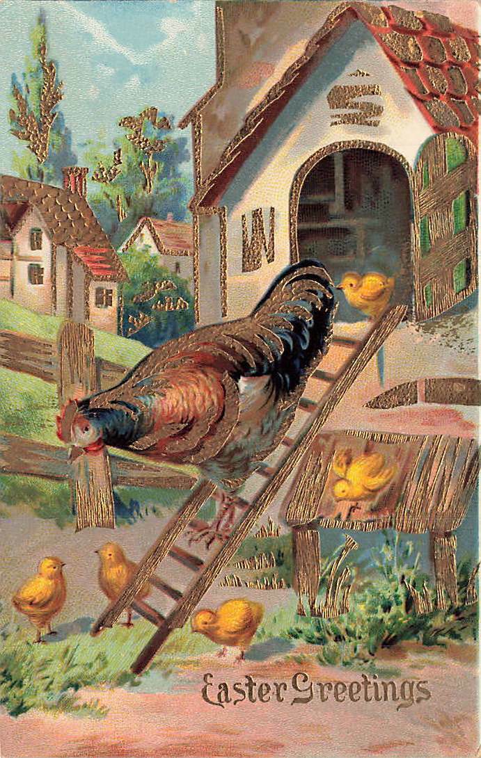 c1910 Chicken Walking Down Hen House Ladder Chicks Gel Gilt Germany Easter P162
