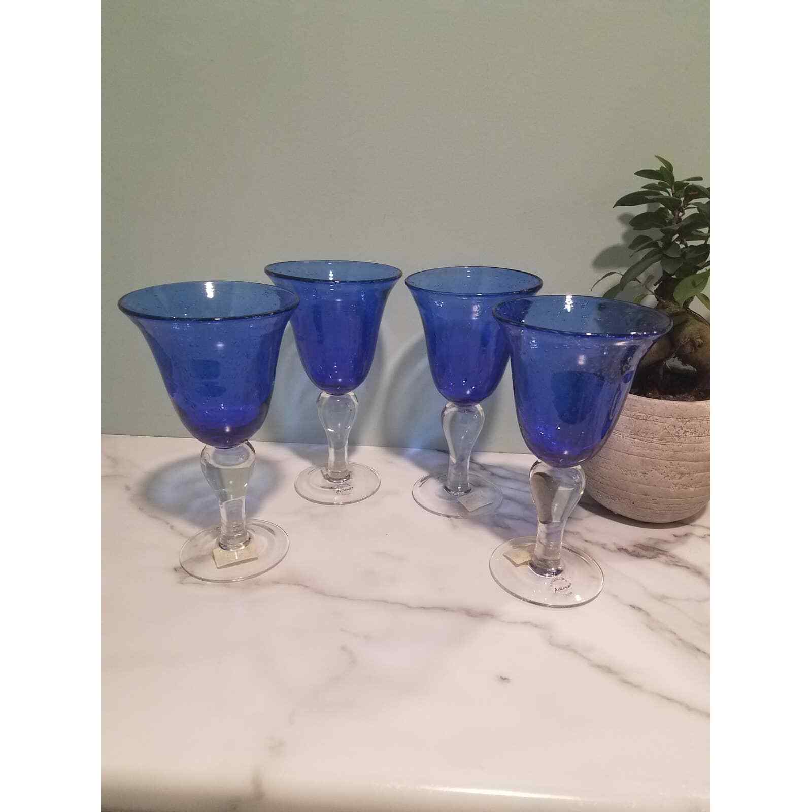 ☆ARTLAND IRIS Hand Blown Seeded Bubble Glass, Water & Wine /Goblets, Cobalt Blue