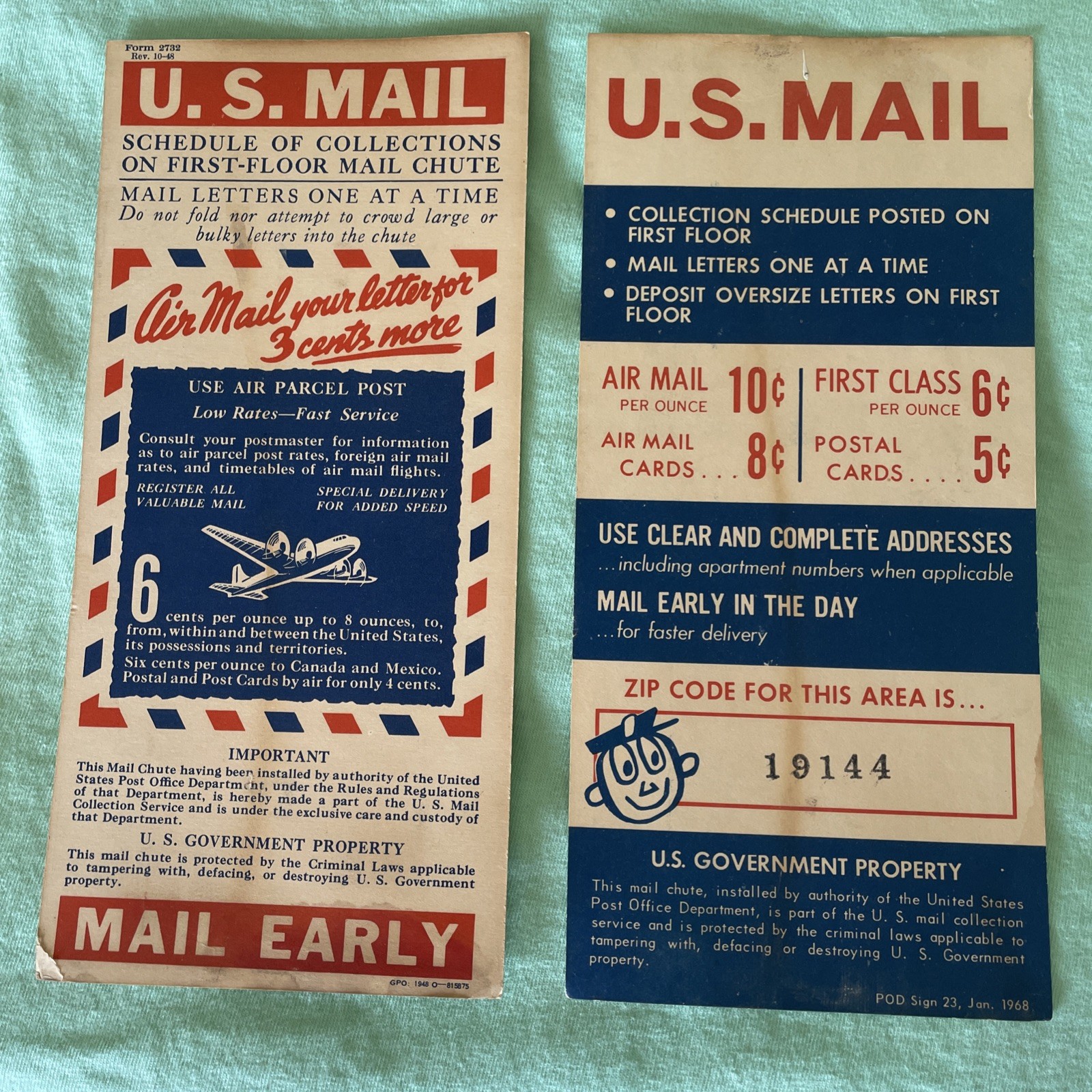 U S Mail Chute Signs , 1948 and 1968