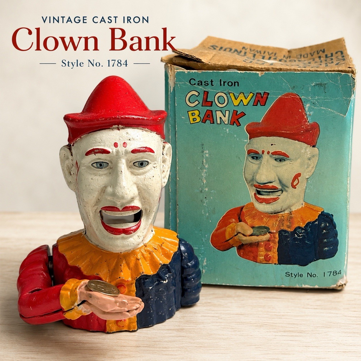 Vintage 1970s Cast Iron Clown Bank Astra Trading Esco Original Box 7” Style 1784