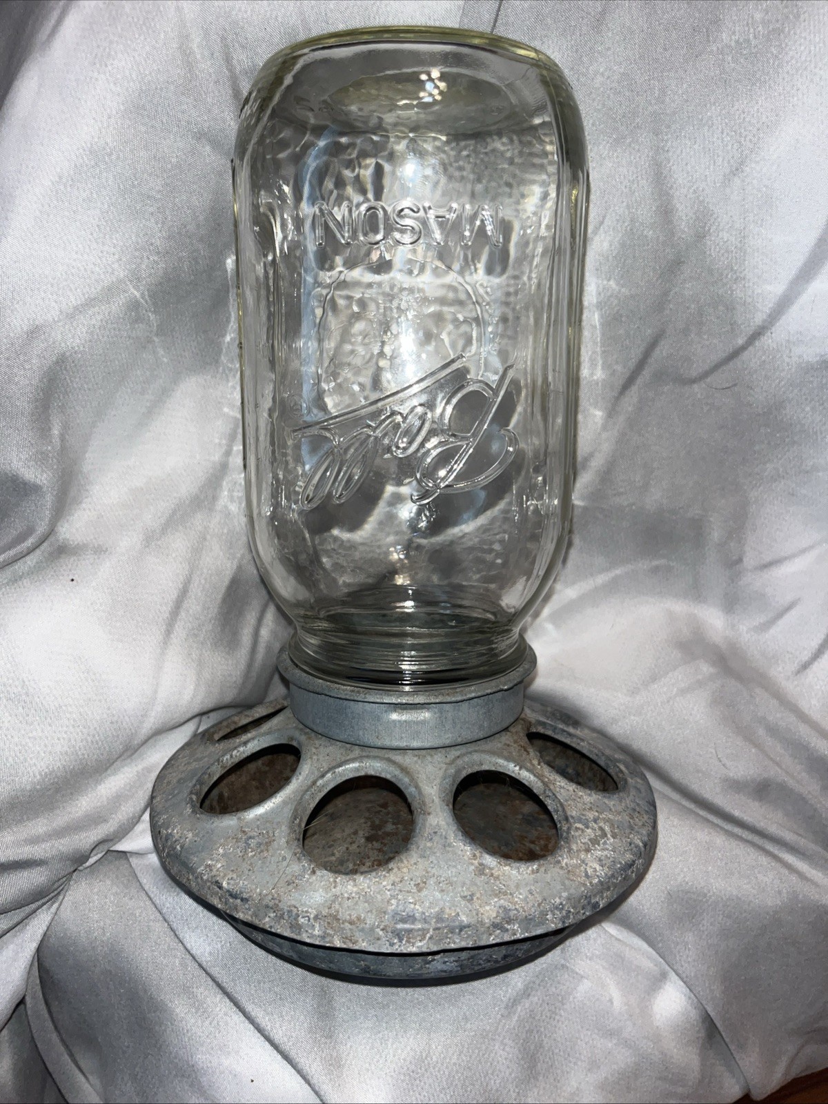 Vintage Galvanized Metal Chicken Feeder with Quart Ball Mason Jar