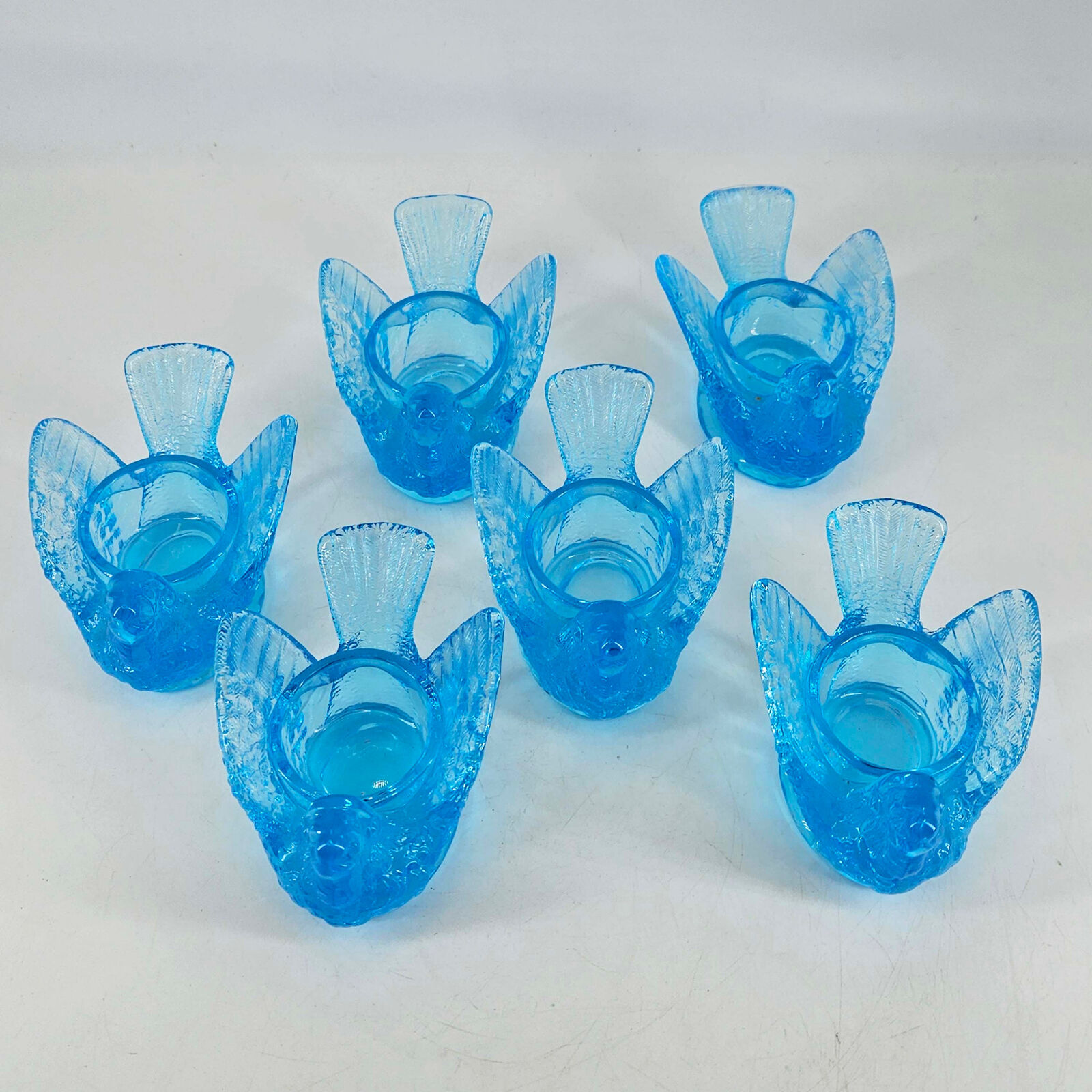 Vintage Degenhart Blue Glass Birds with Berry Open Salt Cellar Dip set of 6