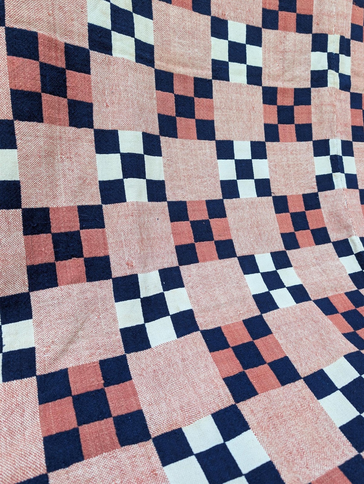 Antique 1840s Geometric Double Weave Coverlet With Fringe 1800s Early American