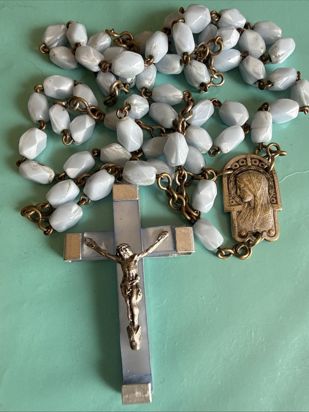 Vintage French Baby Blue Beads Cross Rosary France 24” Vintage French Baby Blue Beads Cross Rosary France 24”