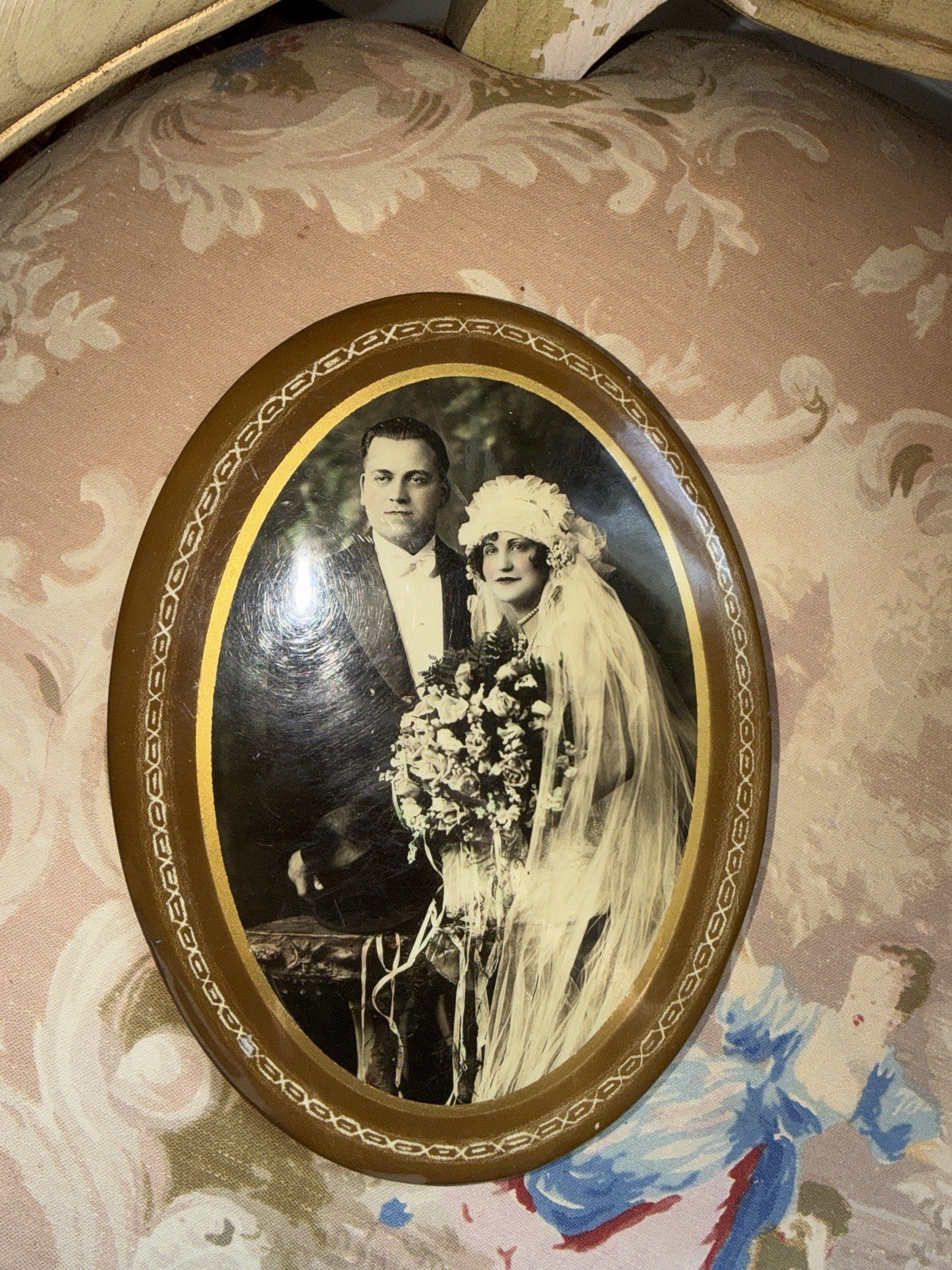 Antique Celluloid Photo Button Married Couple
