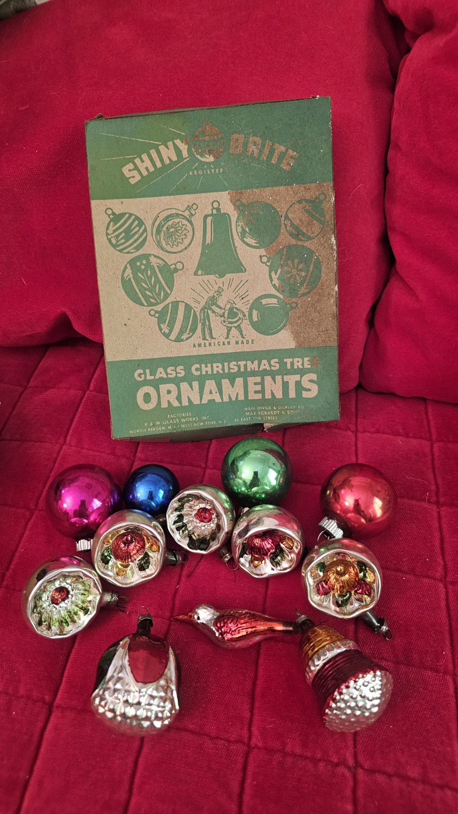 Shiny Brite Vintage Glass Christmas Ornaments & Others Set w/ Box Multicolor
