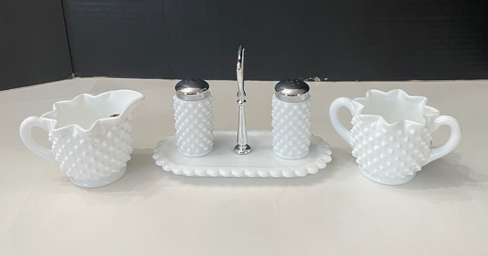 Vintage Fenton Milk Glass Hobnail Sugar, Creamer, Salt, Pepper and Tray Vintage Fenton Milk Glass Hobnail Sugar, Creamer, Salt, Pepper and Tray