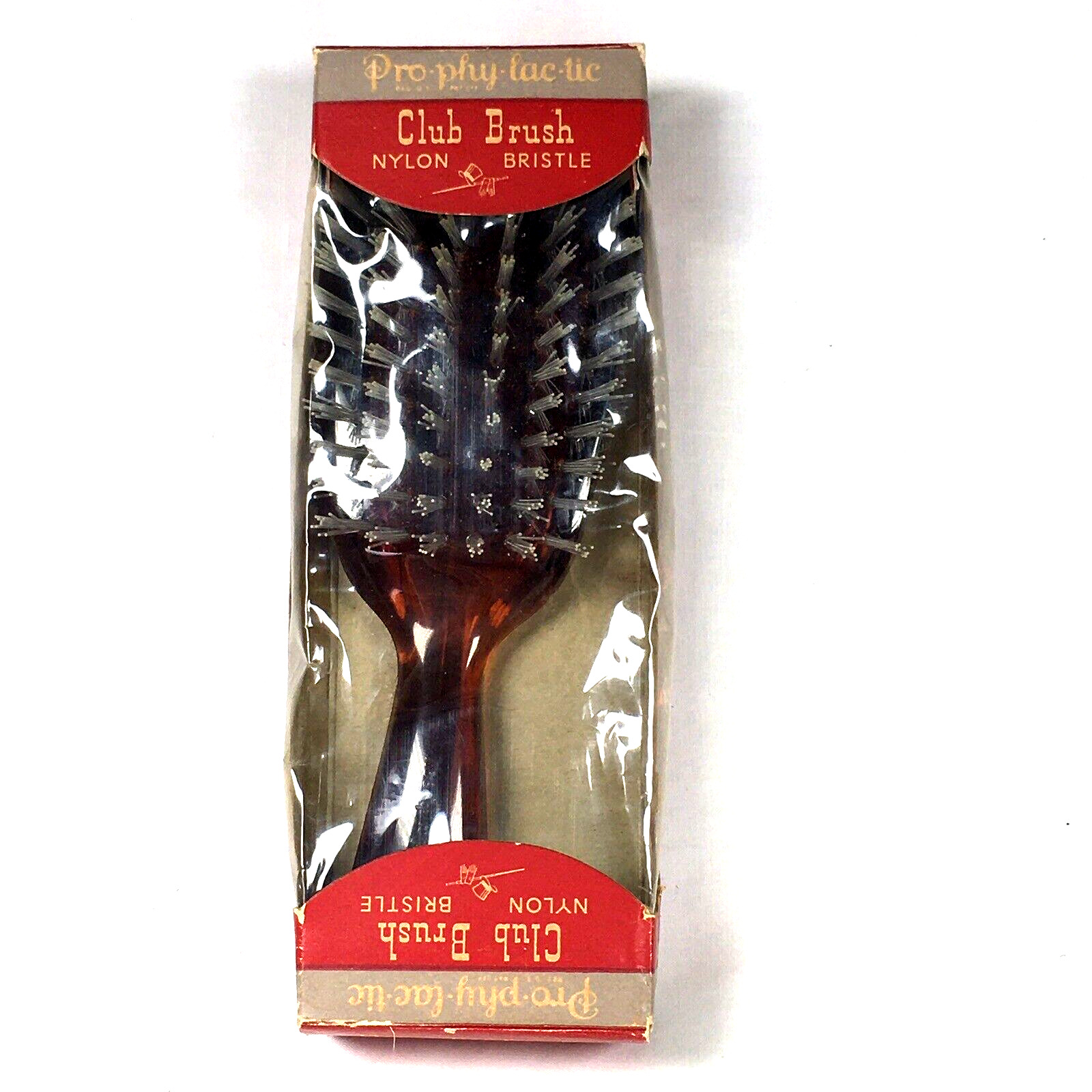 Pro-phy-lac-tic Hair Brush Vintage Nylon Bristle Root beer Brown Lucite Package