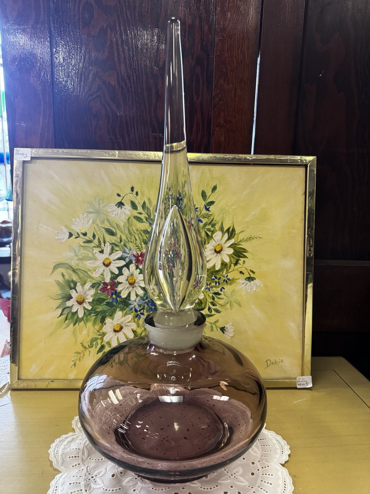 Vtg Carl Erickson Art Glass Purple Decanter w/ Huge Tear Drop Stopper 