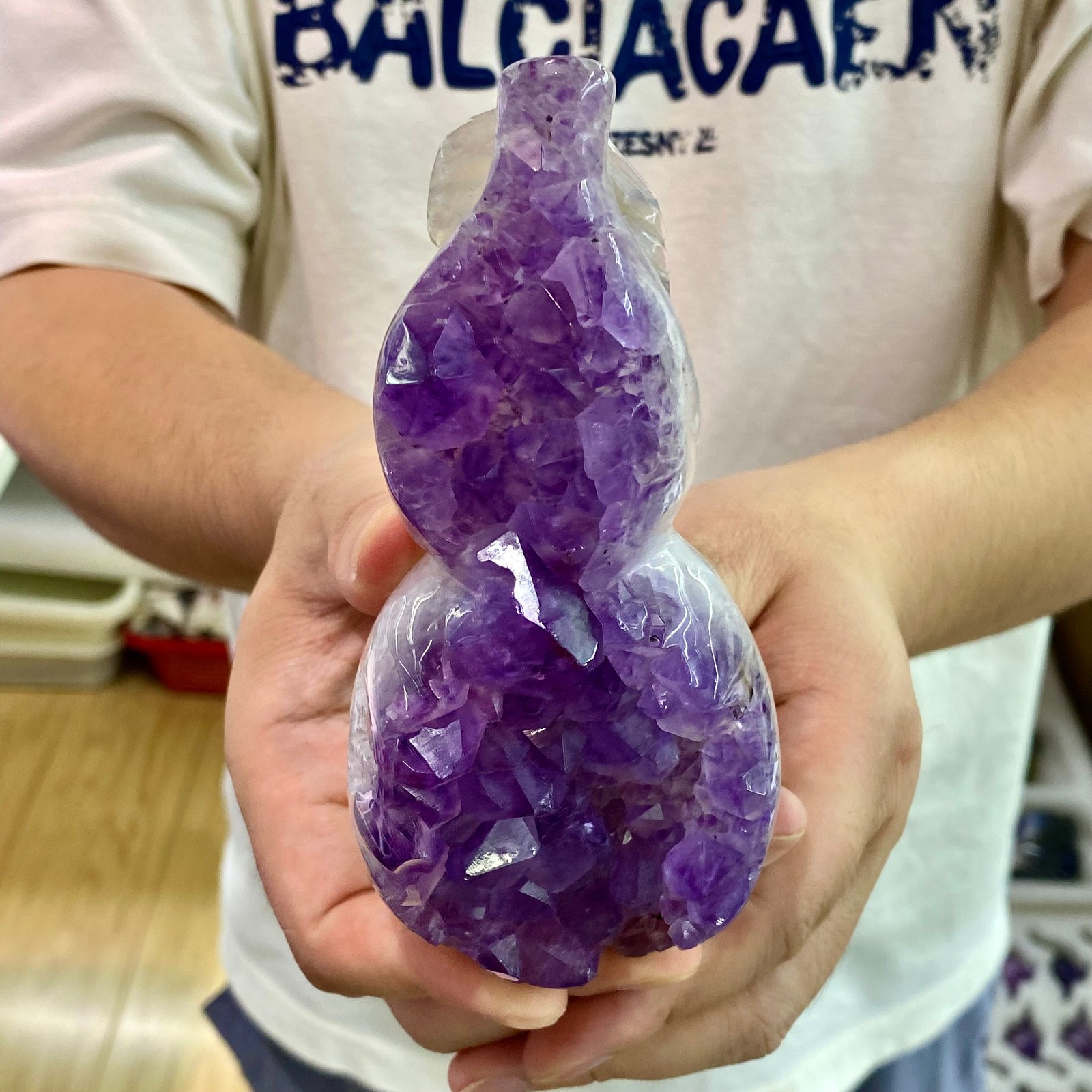 486G  Natural Amethyst Agate Quartz Cluster Carved Gourd Reiki Decor Gift.
