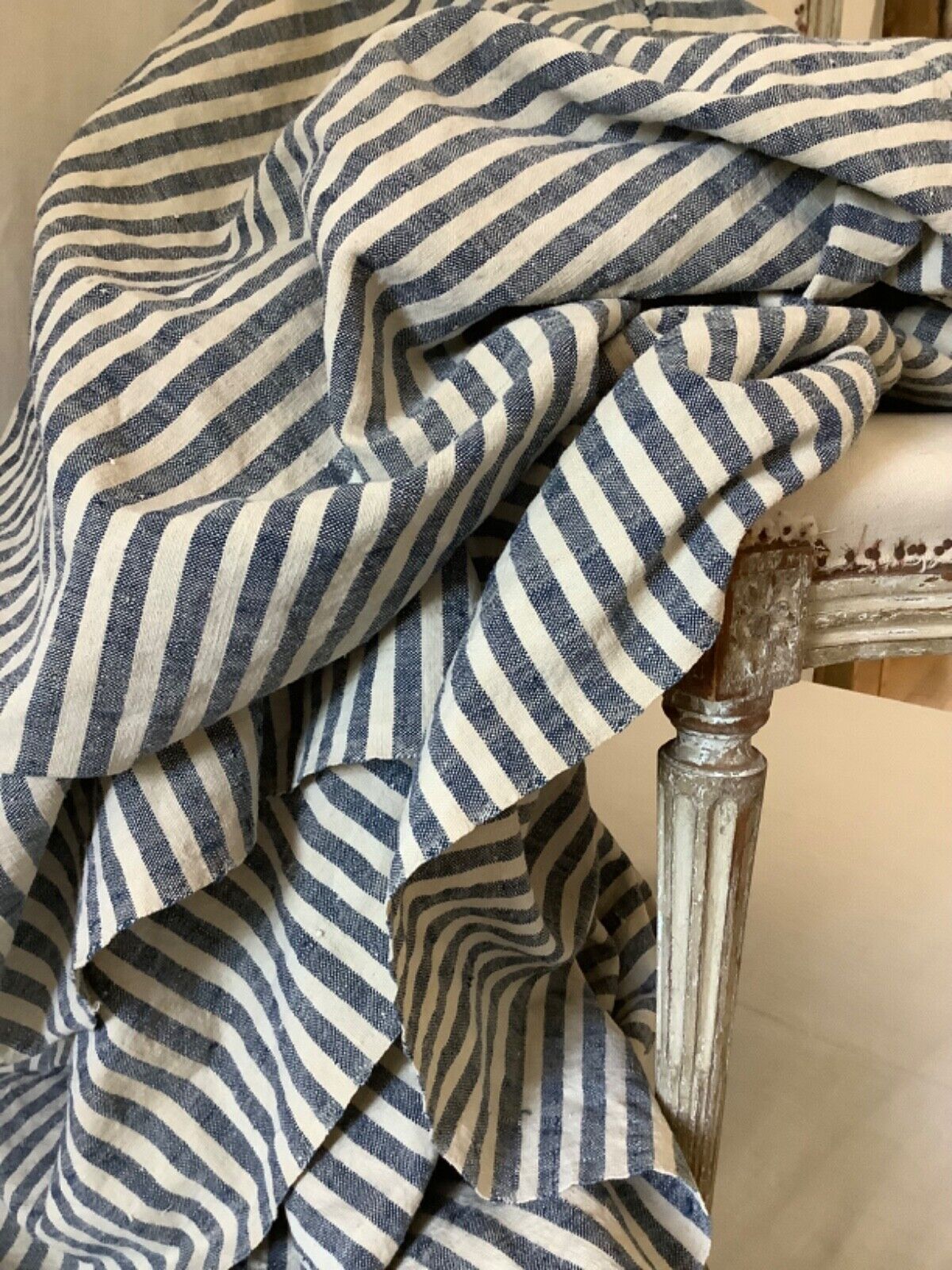 Antique French Indigo blue Stripe Linen & Hemp Primitive Rustic Fabric 64\