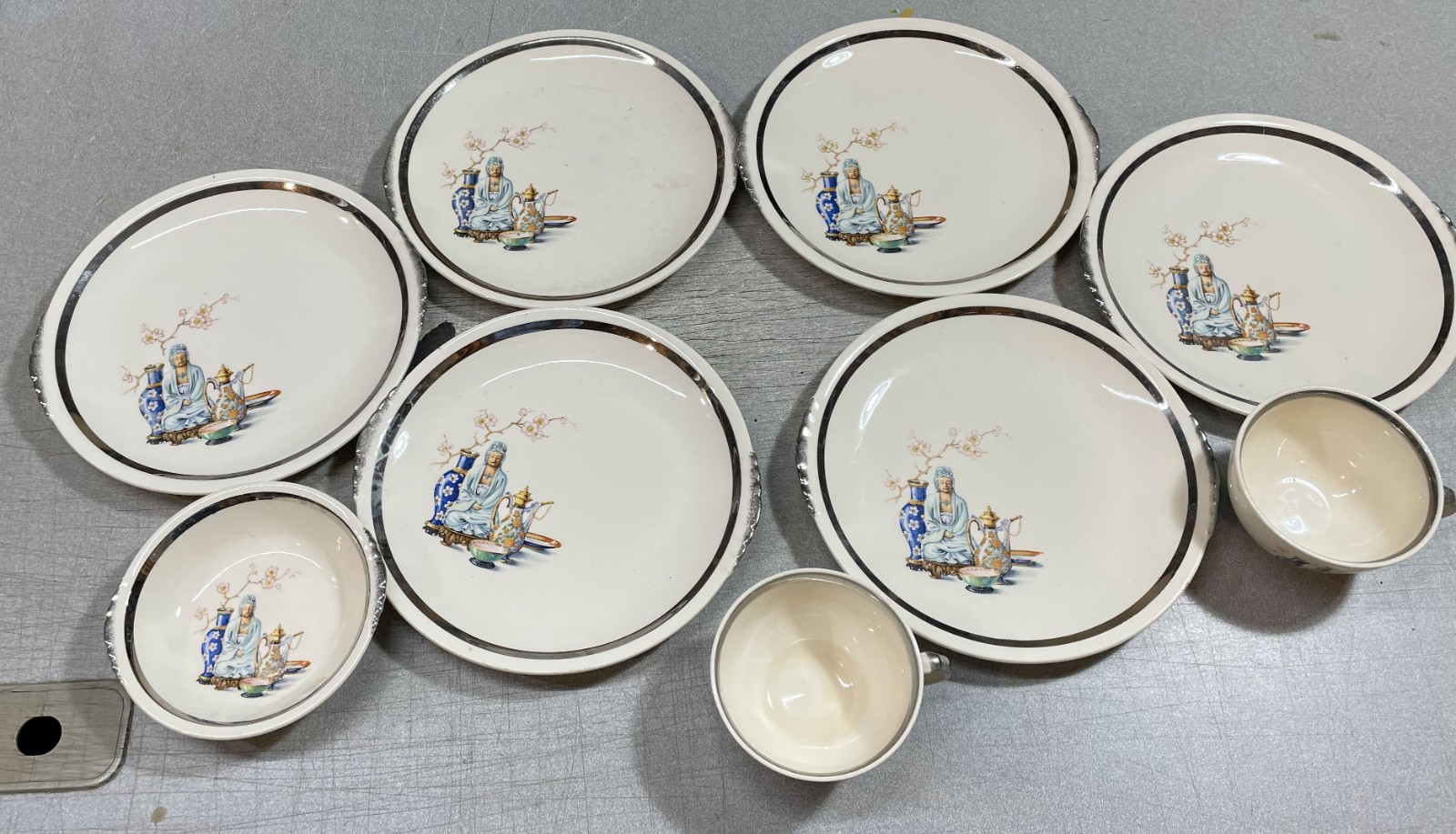 9 NINE Buddha Platinum Plates Cups Bowl  Paden City Pottery Far East 1930s