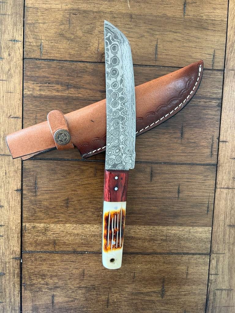 CUSTOM HANDMADE RAINDROP DAMASCUS BURNT BONE HANDLE TANTO W/ LEATHER SHEATH