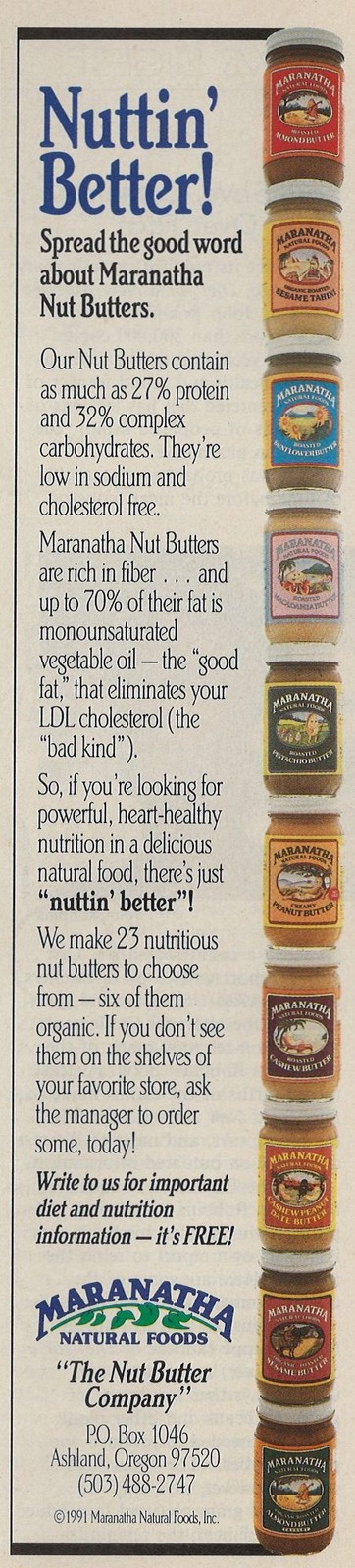 Maranatha Natural Nut Butter Vintage Print Ad 1991 Ashland Oregon u Original