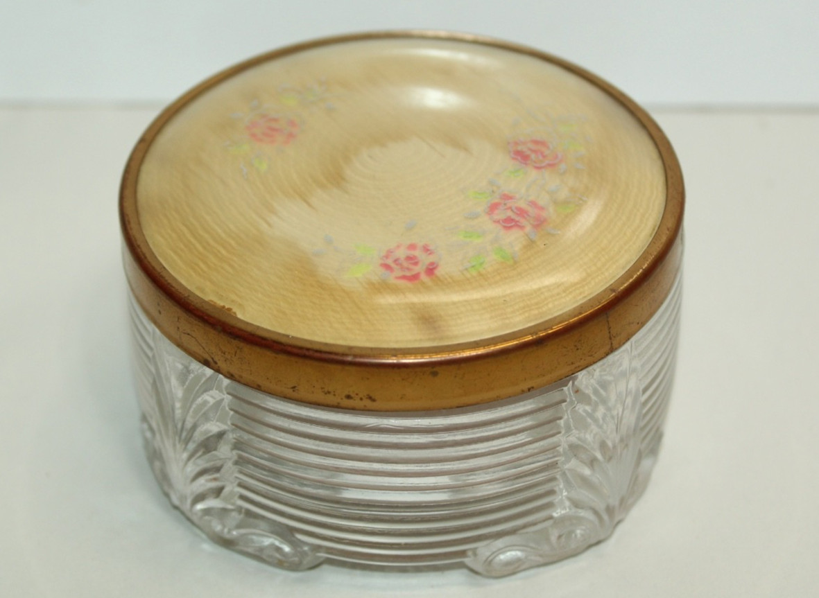 Vintage Art Deco Glass Powder or Trinket Jar w/ Lid Pink Gold Floral Design Vintage Art Deco Glass Powder or Trinket Jar w/ Lid Pink Gold Floral Design