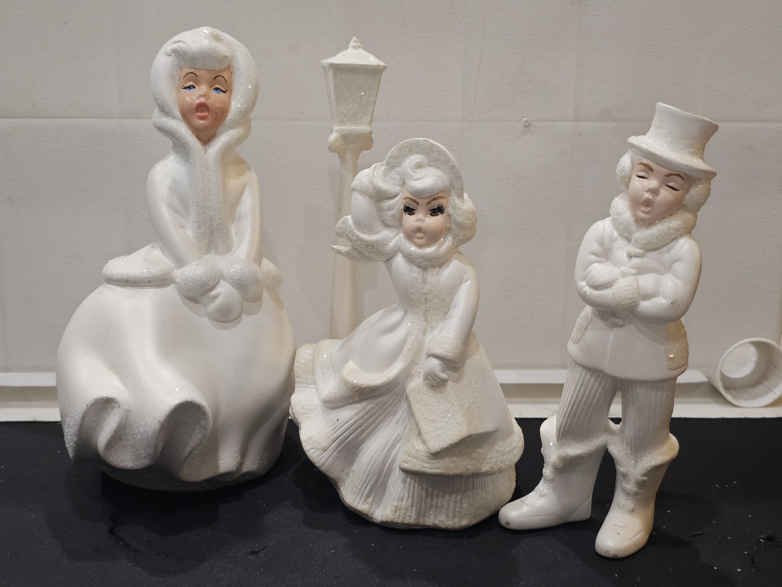 Set 3 Vintage Ceramic Atlantic Mold  Carolers Holiday 9” Bisque & Glitter + Post