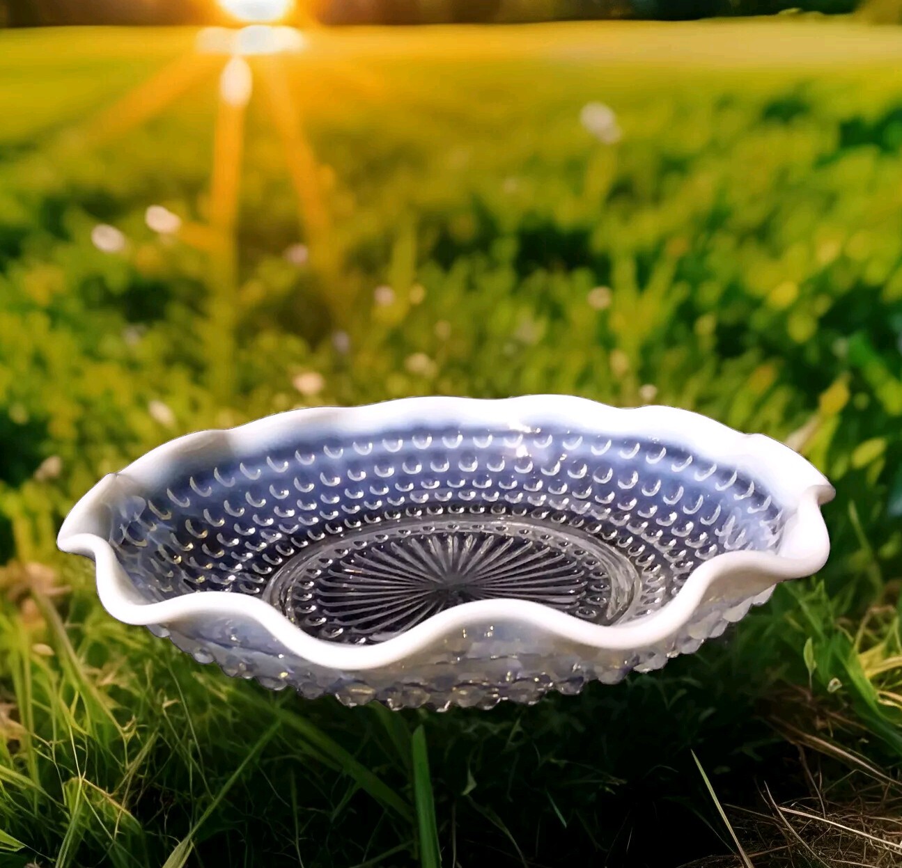 Vintage Anchor Hocking Opalescent Moonstone Hobnail Glass Bowl 8”
