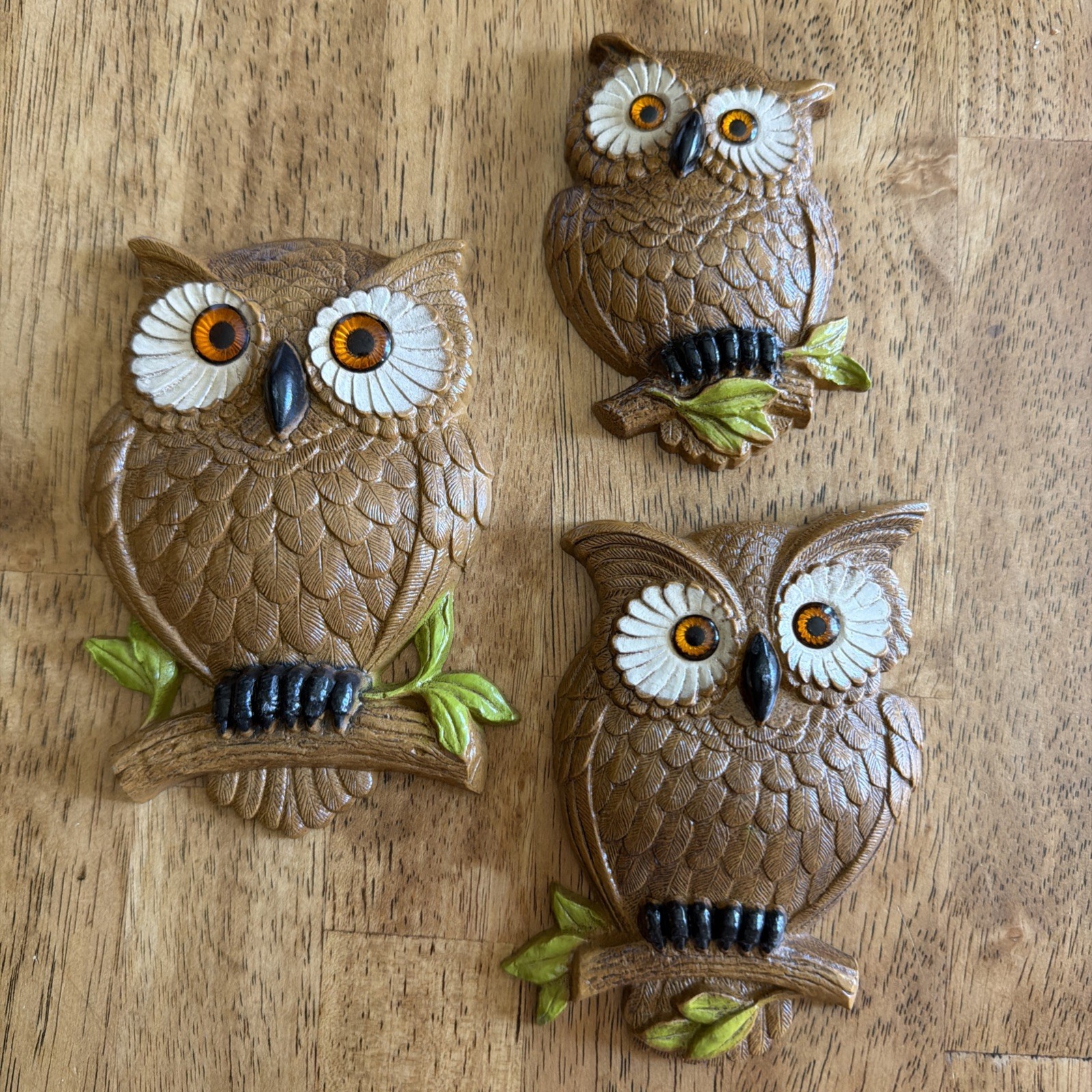 Rare Vntg Burwood 1985 Owl Wall Art Set of 3 Brown Amber Eyes #2718-1/2/3 USA Rare Vntg Burwood 1985 Owl Wall Art Set of 3 Brown Amber Eyes #2718-1/2/3 USA