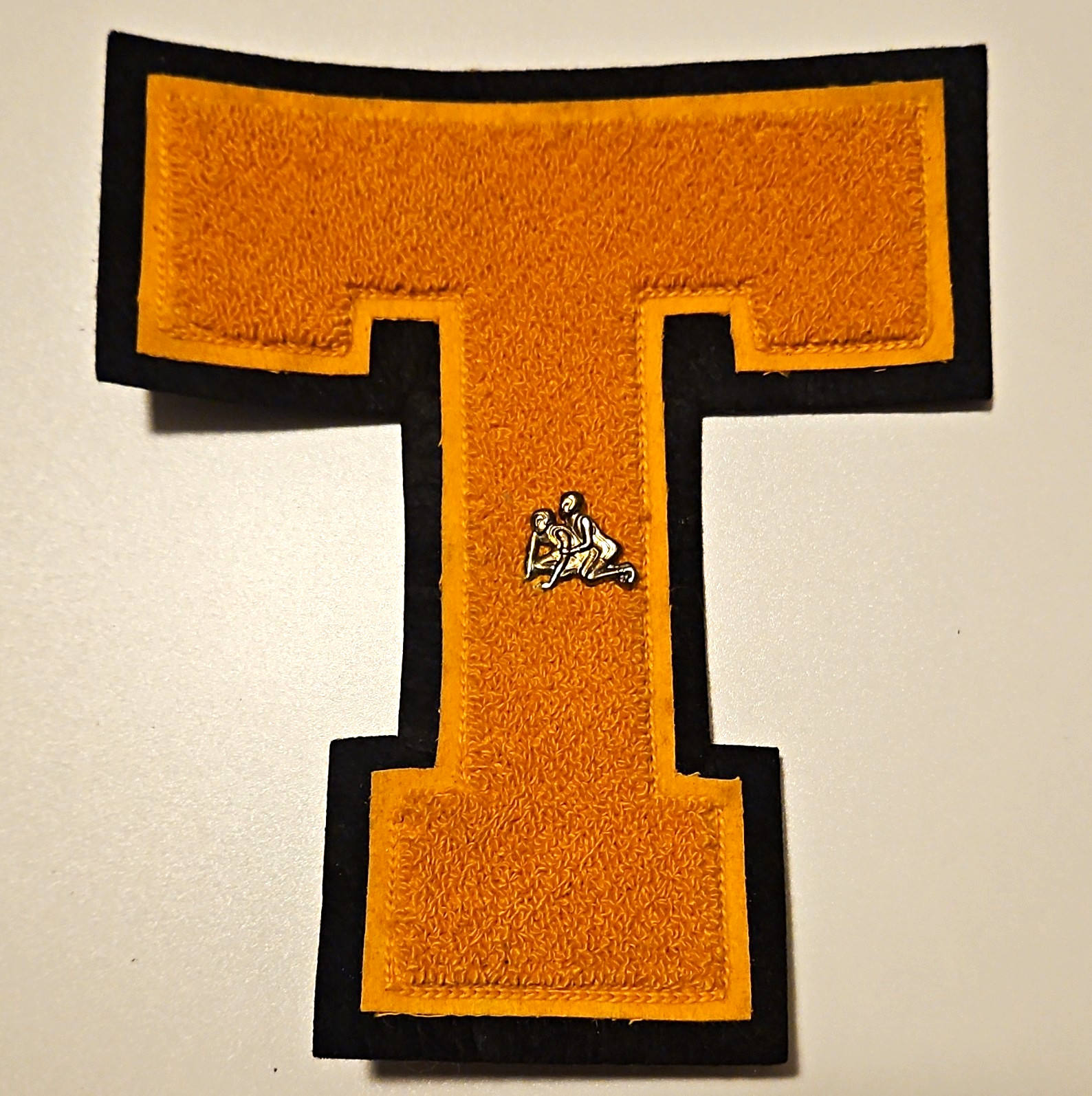 Vtg Varsity Letter T Patch Gold Chenille Black Border Meca Wrestling Pin Award