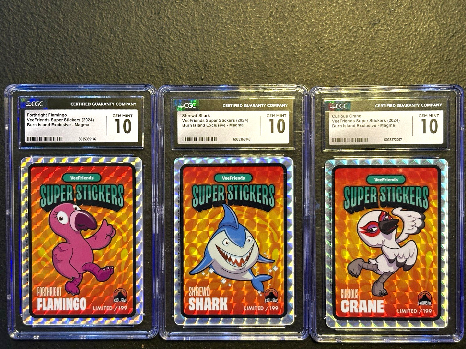 VeeFriends 2024 Super Stickers Burn Island Magma CGC 10 /199 3-Card Lot