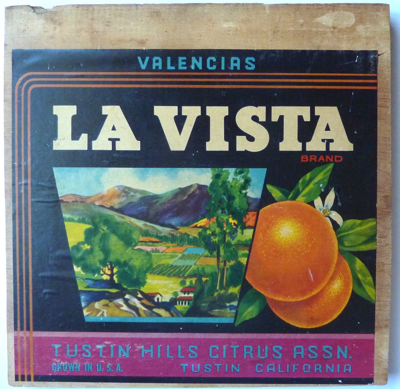 Vintage Original LA VISTA Orange Crate Label on Wooden Box Head Tustin Hills CA