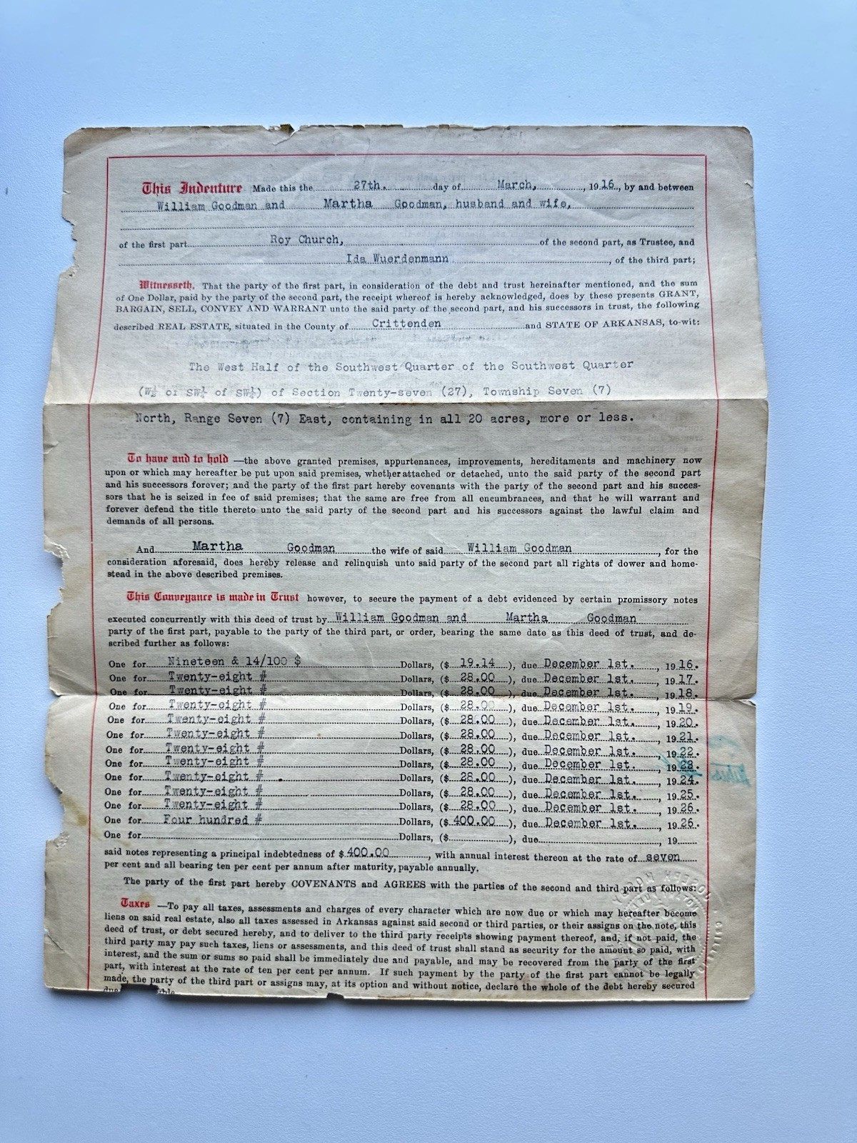 Early 1900s Arkansas Land Deeds Indentures Lot Crittenden County 1916-1928