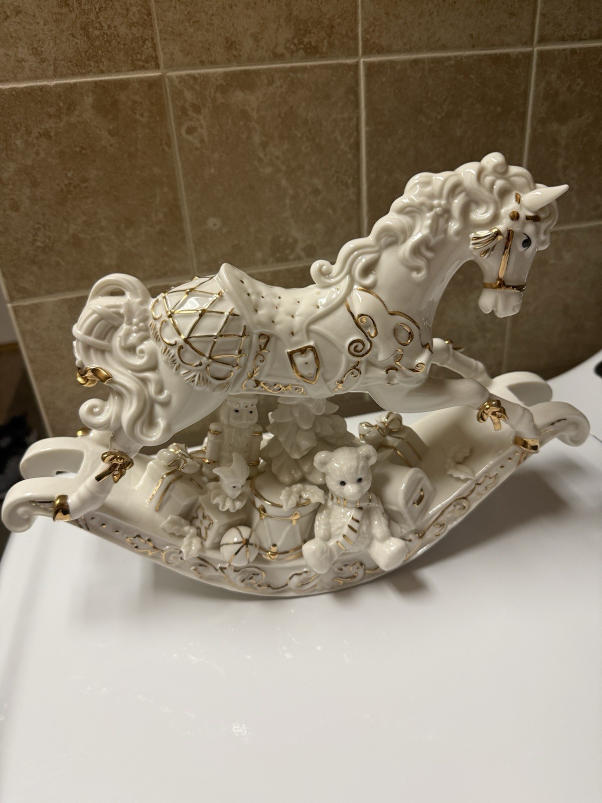 Sankyo Christmas Musical Rocking Horse Fine Porcelain Vintage 24K Gold Accents